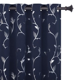 BUHUA Blackout Curtains 63 Inch Length Striped Wave Vine Print Thermal Insulated Home Decorative Window Curtains for Living Room 52W×63L Navy Blue 2 Panels