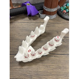 Munnygrubbers - Dragon Fang Dice Set with Jaw Dice Holder - Dragon Teeth Dice - 8 Piece D20 Set with D2 - Tabletop Roleplaying Games - Dungeons and Dragons - DND - D&D - (White/Red)