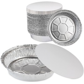 Fit Meal Prep 50 Pack 8” Round Aluminum Foil Pans with Lids, 8 inch Take Out Containers with Cardboard Covers for Freshness, Heavy Duty Disposable Baking Pie Pan for Cooking, Freezer & Oven Safe