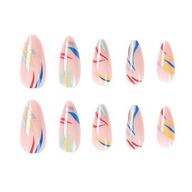 RikView Almond Press on Nails Medium Fake Nails with Swirls Design Colorful Nails for Women 24 PCs/Set