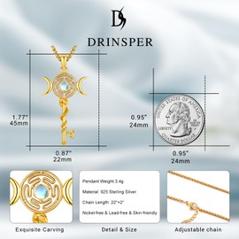 DRINSPER Hecate Key Necklace, Hekate Wheel Moonstone Key Pendant For Women 925 Sterling Silver Triple Moon Hekate Goddess Of Witches Greek Mythology Wiccan Pagan Magic Witchcraft Amulet Jewelry Gold