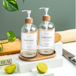 Vine Creations Glass Soap Dispenser Set - Kitchen Soap Dispenser Set with Tray - Bamboo Hand and Dish Soap Dispenser for Kitchen - White Pump Bathroom Kitchen Decor with Waterproof Labels (Clear)