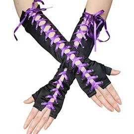 Seeksmile Women's Lace Up Elbow Length Steampunk Gloves Sexy Fingerless Gothic Arm Warmer Satin Long Glove (One Size, Purple Satin Fingerless)