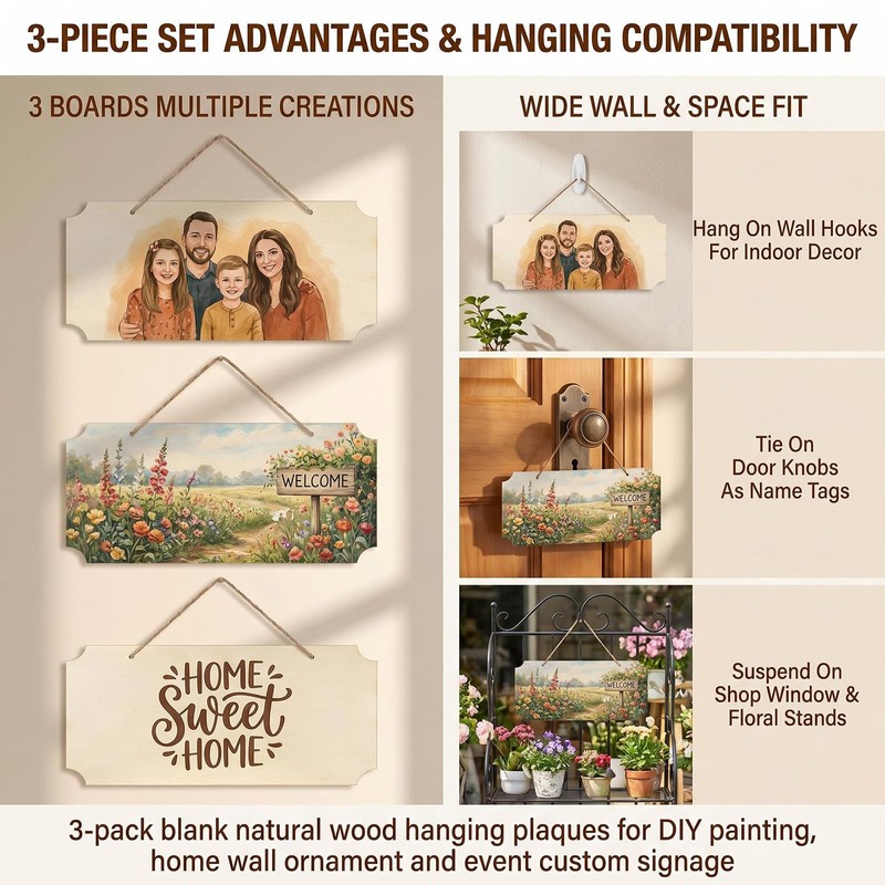 3 Pack Blank Wooden Signs,9.8 x 3.9 Inch Curved Notch