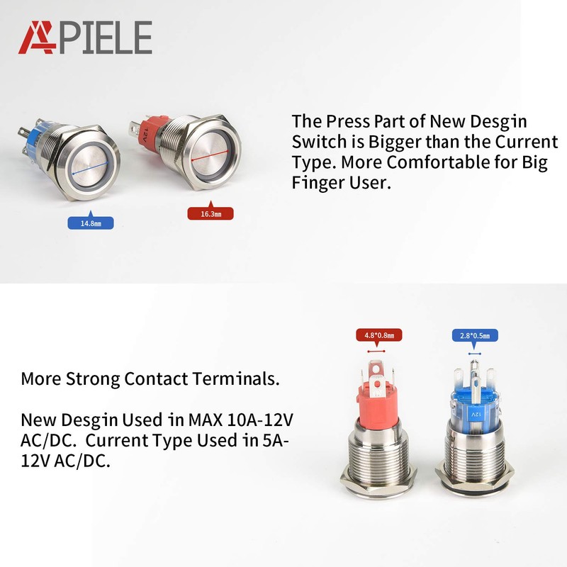 APIELE 10 Amp 19mm Latching Push Button Switch 12V SPST