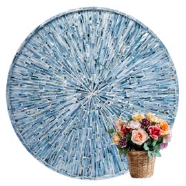 PEMAR 22" Round Mother of Pearl Extra Large Ottoman Tray with Raised Edge, Oversized Decorative Luxury Wooden Serving Tray for Food, Coffee Table, Breakfast in Bed (Blue Sunlight)