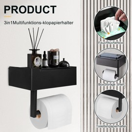 JiangLin Edelstahl Toilettenpapierhalter Ohne Bohren, Klopapierhalterr Schwarz mit Feuchttücherbox, Selbstklebend WC Papier Halterung mit 2 Klebehaken Wandmontage klorollenhalter Für Badezimmer
