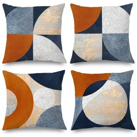 Boho Navy Blue Orange Gold Pillow Covers 18x18 Set of 4, Abstract Modern Terracotta Circles Decorative Pillow Covers for Bedroom Living Room, Textured Modern Home Decor, Boho Textured Room Decor