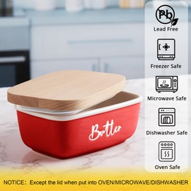 ALELION Red Butter Dish with Lid and Knife for Countertop, Ceramic Butter Container with Beech Wood Lid, Airtight Butter Keeper for Counter or Fridge, for Red Kitchen Decor and Accessories