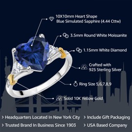 Gem Stone King 3-6 Cttw Heart Gemstone Birthstone White Moissanite and White Diamond Engagement Ring For Women | Center 10MM Heart | 925 Silver and 10K Yellow Gold | Available in Size 5,6,7,8,9