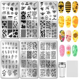 PH PandaHall 6pcs Bee Flower Nail Stamping Plates Honeycomb Theme Nails Art Designs Floral Leaves Manicure Art Stencil Sunflower Daisy Nail Design Template Nail Image Plate for Women Manicures Salon