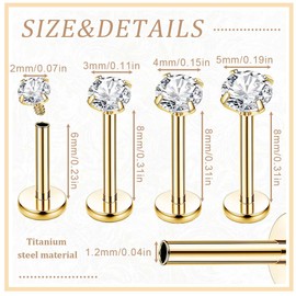 IKOPFLN 4 Pairs 16G G23 Titanium Labret Piercing Internally Threaded Lip Piercing Ear Tragus Piercing Medusa Piercing Cartilage Helix Piercing Gold - 2/3/4/5 mm, AB