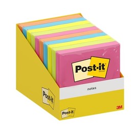 Post-it Notes, Assorted Colours, Pack of 10 Pads, 100 Sheets per Pad, 76 mm x 76 mm, Cardboard Pack, 100% PEFC - Self-stick Notes For Note Taking, To Do Lists & Reminders