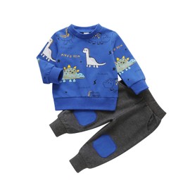 Geagodelia Baby Boy Clothes Outfits Fall Winter Dinosaur Print Tracksuit Long Sleeve Sweatshirt Trouser Set (C Blue, 6-12 Months)