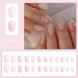 Tyuimhx Glitter Press on Nails Short Length Glossy Square and Oval False Nails Full Cover Stick on Nails Acrylic Reusable Artificial Nails for Women Girls Glue on Nails 48Pcs