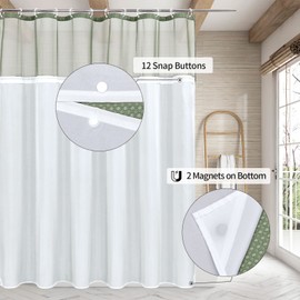 MitoVilla Green Waffle Shower Curtain Set with Snap-in Liner, Modern Sage Green Waffle Weave Fabric Shower Curtain for Luxury Neutral Hotel & Spa Bathroom Decor, 72 x 72