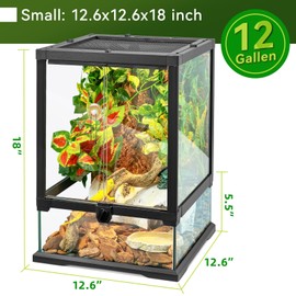 18x12x12 12 Gallon Glass Reptile Tank Front Opening Terrarium Suitable for Leopard Geckos, Snakes Tree Frogs Chameleons Watertight Base, Ventilated Metal Mesh Top, Pre-Drilled Cable Holes
