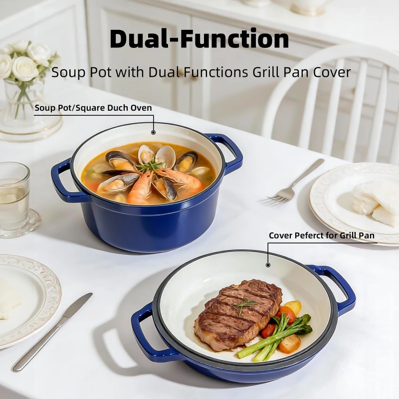 5Qt Enameled Blue Cast Iron With Double Handle Pot Lid