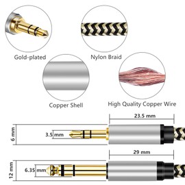 3.5 mm to 6.35 mm Audio Cable 12Ft, Gold-Plated Terminal Silver Color Zinc Alloy Housing 3.5mm 1/8" Male TRS to 6.35mm 1/4" Male TRS Nylon Braided Stereo Audio Cable for Cellphone (12Ft)
