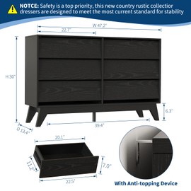 6-Drawer Dresser for Bedroom, 47.2" Wide Mid Century Chest of Drawers, Wooden Dresser TV Stand, Vintage Dressers with Bevel Design for Bedroom, Living Room, Hallway, Black