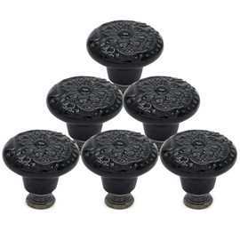 Bonsicoky 6 Pcs Ceramic Cabinet Handle Pull Knobs, Vintage Round Single Hole Knobs for Drawer Cupboard Decorative, with Screws, Black