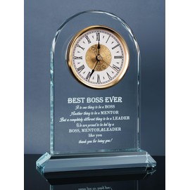 WinTaim Best Boss Ever Gifts for Women & Men for Bosses, Elegant Glass Table Clock | Appreciation & Retirement Gift for Female/Male Boss, Boss’s Day Idea, Office & Home Decor