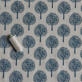 Navy Blue Tree Print on Natural Beige Cotton & Linen Light Canvas Mix Woven Fabric (50cm Piece - Full Width)