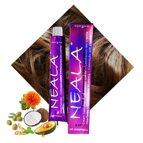 Professional Hair Dye Ammonia Free without Ammonia and Free from PPD and MEA -5.07 - Light Brown Caramel Colour - Neala 100 ml