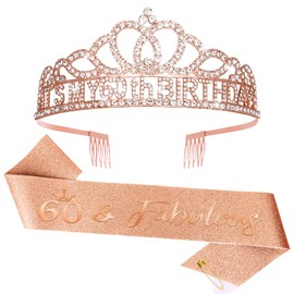 BAHABY 60th Birthday Decorations for Women - Sash & Crowns, Gifts, Happy Birthday - Rose Gold