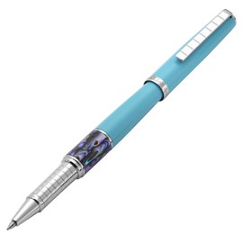 Xezo Speed Master Fine Rollerball Pen. Matte Sky Blue with Pāua Abalone Sea Shell. Chrome Plated. Sporty Lightweight Brass Body. Each Unique
