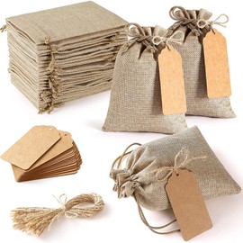 Bolsas de Arpillera con Cordón, 25 Bolsas de Lino para Bodas con etiquetas de papel, Bolsas de Arpillera para Joyería, Bolsas de Yute para Regalos, Cumpleaños, Fiestas, Recuerdos de Boda (13 x 18cm)