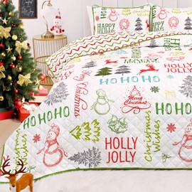 FRAMICS Christmas Quilt Queen Size 3 Pieces Snowman Christmas Tree Quilt Sets - Ultrasonic Quilting Technology Colorful Bedspread with 2 Pillow Shams Holiday Merry Christmas Bedding Set, 90" x 90"