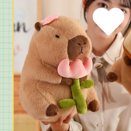 Karoeiwa Capybara Plush Holding Flower 9 inch Cute Tulip Capibara Stuffed Animal Soft Plushies Toys Kawaii Gifts for Kids Brown