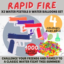 Toyland® Water Fight Bundle - Pack of 2-13cm (5") Hydro Blaster Rapid Fire Water Pistols & 1000 Water Balloons - Water Guns 25-30Ft Range - Outdoor Water Play Toys