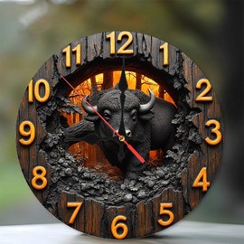 Lancholy Wooden Bison Wall Clock Rustic Forest Decor 10-Inch Wooden Wall Clock, Silent Movement, Battery Operated (AA Batteries Not Included), Artistic Home Decor, Perfect for Home Accents