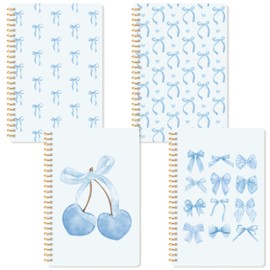 CNhoqc Lined Spiral Journal Notebook - 4pcs Coquette Blue Bow Cherry Watercolor Aesthetic Notebooks Aesthetic College Hardcover College Ruled Lined Pages Spiral Journal Notebook Work School Stationery