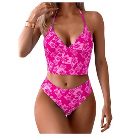 Floerns Women's Floral Print Halter Neck Tankini Top Two Piece Bathing Swimsuit Hot Pink Medium
