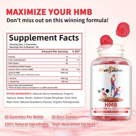 HMB and Leucine Gummies Supplements: HMB and Leucine Amino Acid for Men Women with L-Glutamine for Muscle Growth Fast Workout Recovery, Sugar Free Vegan Non-GMO Strawberry Flavored 30 Day Supply