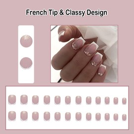 ANDGING French Tip Press on Nails White Square Short Glue on Nails for Women Fantasy Coffin Fake Nails with Rhinestone Designs Artificial Stick on Nails Gel Manicure Acrylic False Nails for Wedding