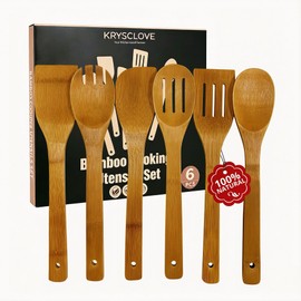 Krysclove Natural Carbonized Bamboo Spoons for Cooking,Dark Premium Bamboo Kitchen Utensil Set 6-Piece,Durable Heat-Resistant Tools for Non-Stick Pans (Carbonized Bamboo 02)