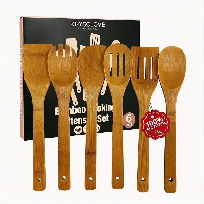 Krysclove Natural Carbonized Bamboo Spoons for Cooking,Dark Premium Bamboo Kitchen