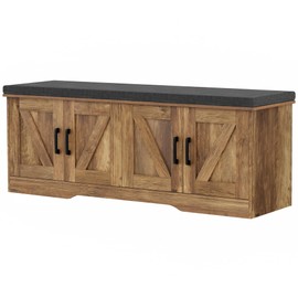 HOMSHO HOMSHO 2-Tier Storage Bench, Shoe Bench with Padded Seat Cushion, Entryway Bench with 4 Barn Doors, Adjustable Shelf, 13.8" D x 47.2" W x 17.7" H, for Entryway, Living Room, Bedroom, Rustic Walnut