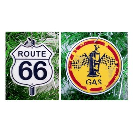 Car Enthusiast Vintage Americana Style Gas Road Sign and Route 66 Road Sign Christmas Ornament Set