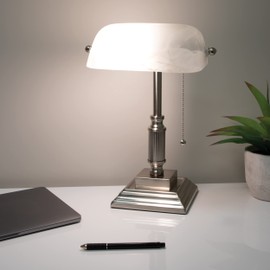 V- Light White Shade LED Desk Lamp, Vintage Lamp, Study Lamp, or Reading Light, Brushed Nickel Finish 6.5 x 6.5 x 14.8