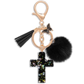 MWOOT Cross Keychains Christian Bible Keychains Backpack Handbag Charms for Women Girls,Butterfly Plush Pendant Key Rings,Black