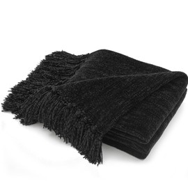 RECYCO Throw Blanket Soft Cozy Chenille Throw Blanket with Fringe Tassel for Couch Sofa Chair Bed Living Room Gift (Black, 60" x 80")