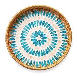 JUNGLE CULTURE Rattan Serving Tray 12" with Mother of Pearl Inlay • Coastal Boho Collection • Handcrafted Woven with Handles for Home • Round Dining Table Tray • Wicker Serving Basket – Ripple