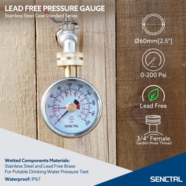 SENCTRL 0-200 Psi Water Pressure Gauge Test with Lazy Hand, Lead-Free, Waterproof, 2.5" Dial Size, 3/4" Female Garden Hose Thread, Stainless Steel Case, for Home Potable Water, House Tube