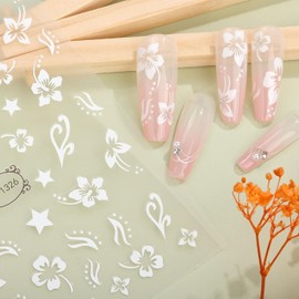 DUKASOU White Flower Nail Stickers for Nail Art, Spring Nail Stickers Decals Self Adhesive Floral Nails Sticker for Women Nails Art Sticker Decoration