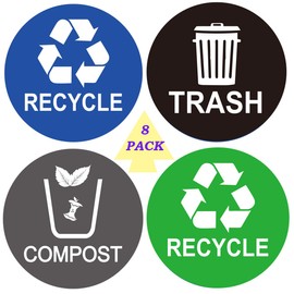 Recycle Sticker Trash Bin Label 8 Pack-4"x4"-Waterproof Organize & Coordinate Garbage Waste from Recycling Indoor & Outdoor,Great for Metal Aluminum Steel or Plastic Trash Cans,Use at Kitchen &Office